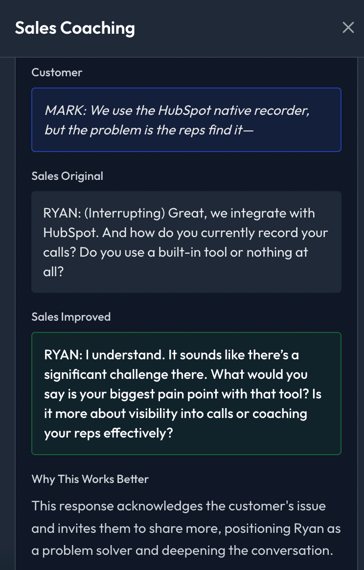 Sales Coaching Interface showing Customer context, Sales Original, Sales Improved, and Why This Works Better sections