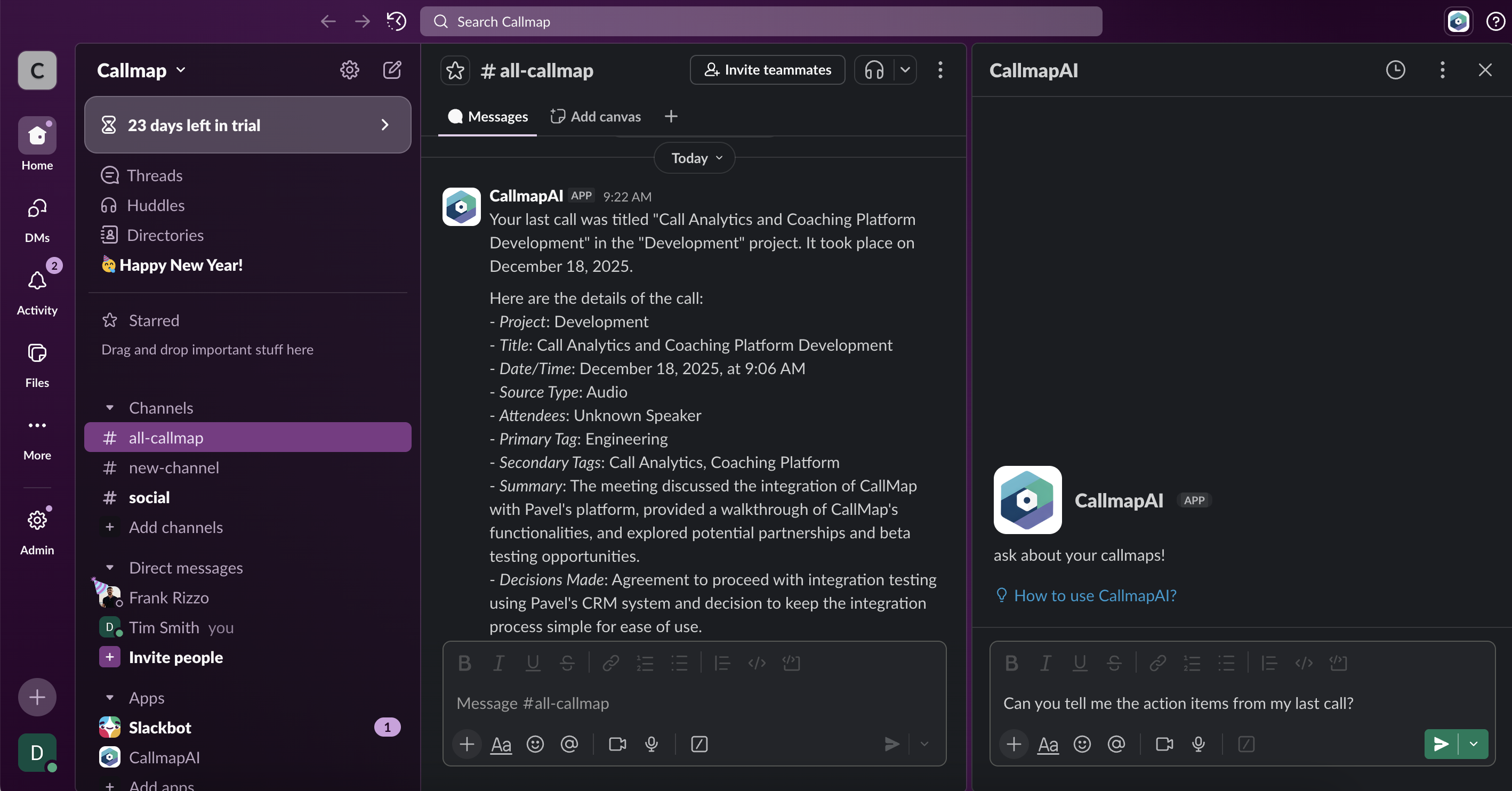 Slack integration screenshot